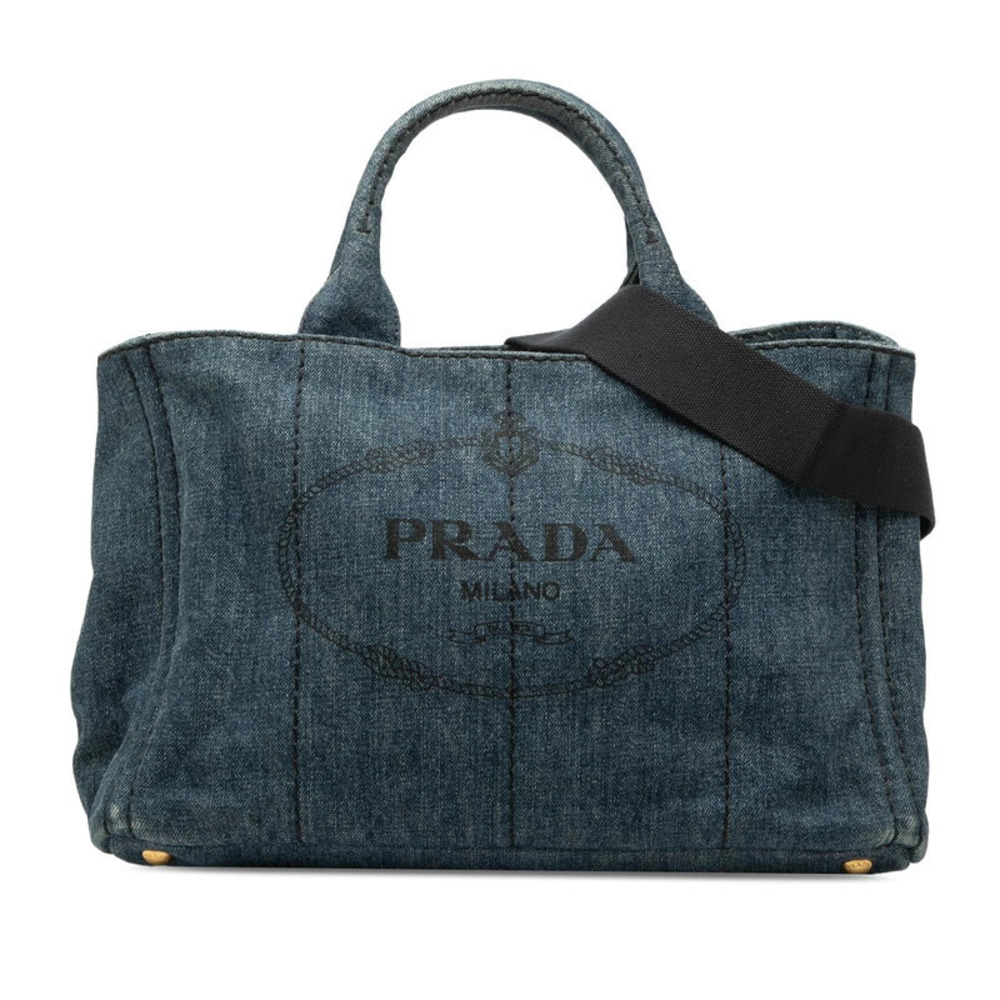Prada Triangle Plate Canapa 2way Shoulder Bag Indigo Blue Denim